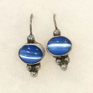 TAXCO Sterling Silver Blue Cats Eye Drop Earrings